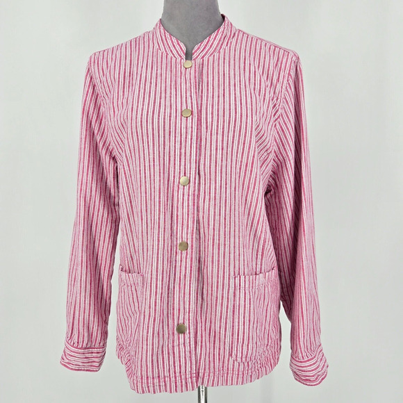 Chicos Jacket 3 Womens XL Linen Blend Reversible Pink White Stripe Snaps Beach - Picture 1 of 16